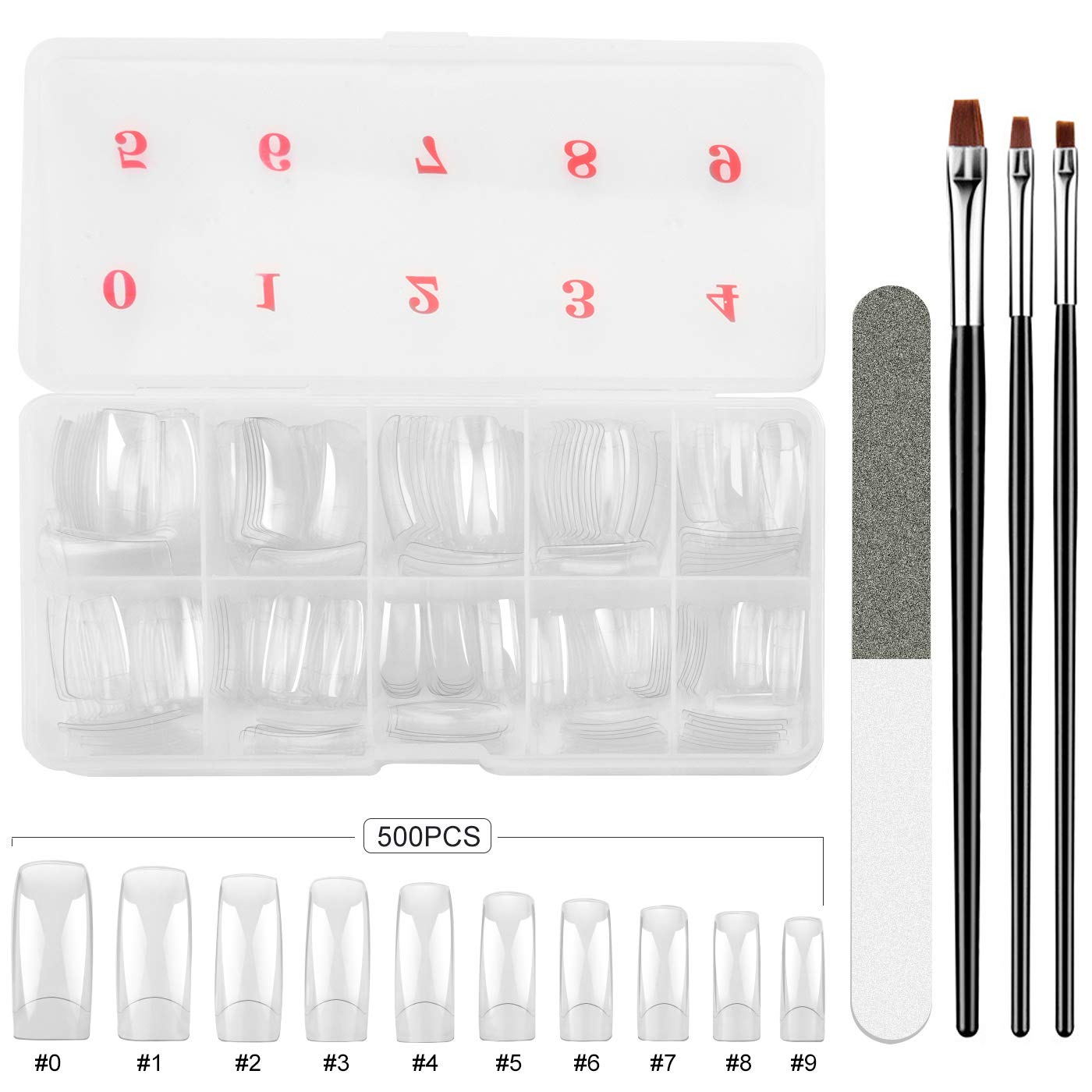 500-piece set of false nails 10 different sizes (0-9 mm) with Box,3× Brush,1×Cuticle Pusher Nail File
