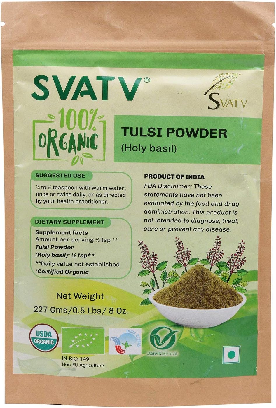 SVATV Tulsi Powder (Holy Basil or Ocimum Sanctum) | Ayurvedic Dietary | Promoting Healthy Hair and Clear Skin | Healthy Immune Function - 227g, 0.5lb, 8oz