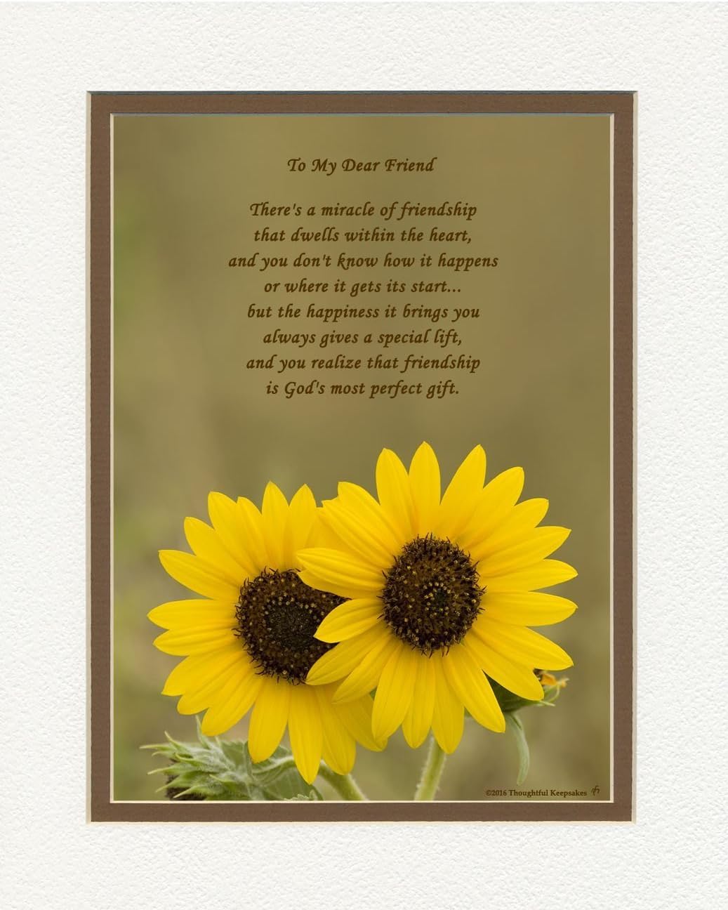Friend Gift with Miracle of Friendship Poem, Sunflowers Photo, 8x10 Double Matted. Friendship Gift, Best Friend Gift for Friend for Birthday, Christmas, Friendship Day.