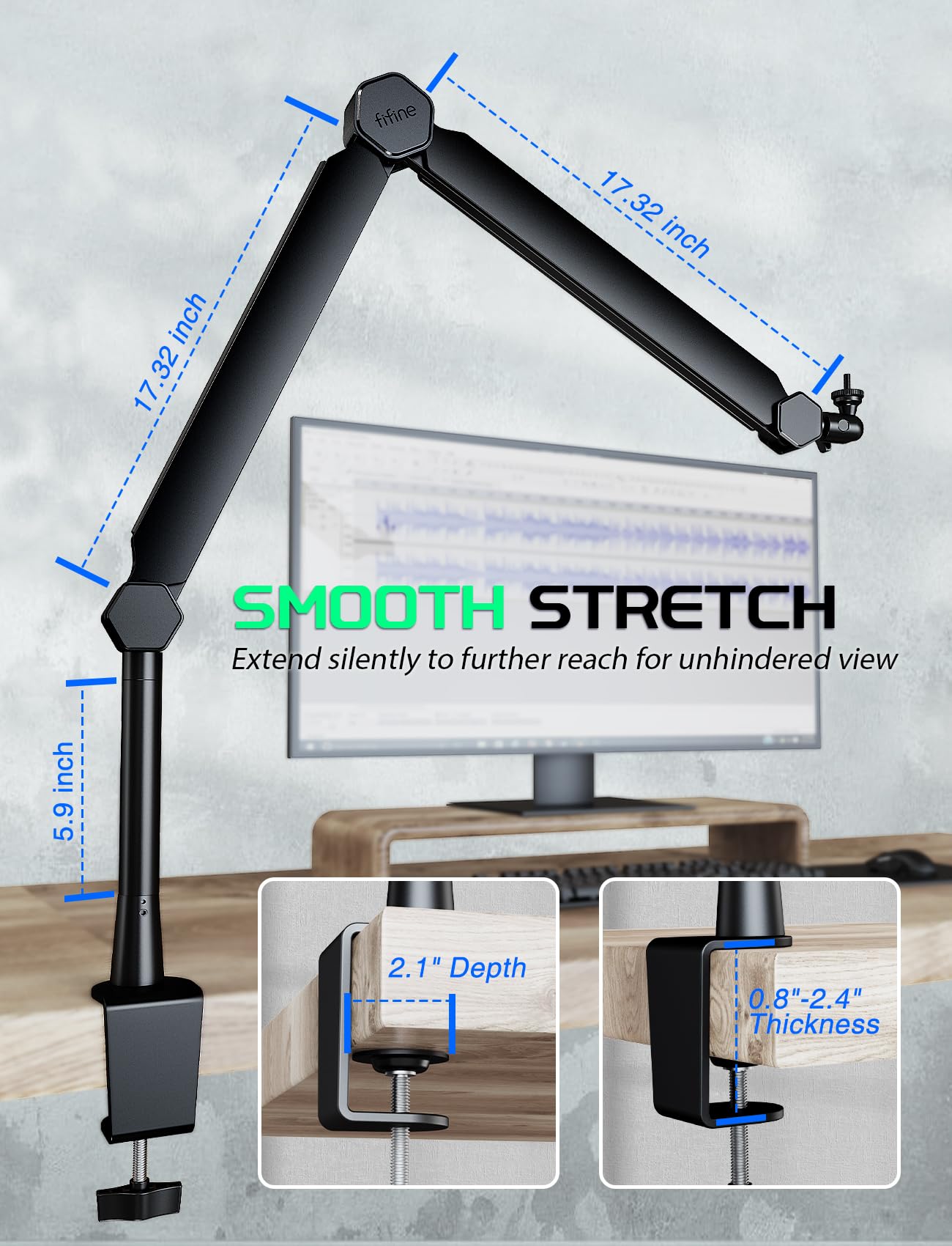 FIFINE Mic Boom Arm, Microphone Stand with Cable Management Channels, Extension Tube, Desk Clamp, Thread Adapter, Fully Adjustable Metal-Built Podcast Mic Arm for Streaming Gaming Recording-BM66T