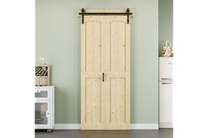 ARK DESIGN 40" x 84" H Shape Spruce Wood Bifold Barn Door with Header Board and 45" Track Kit Included, Pre-Assembled Unfinished Solid Panel Bi-fold Barn Door for Pantry, Closet, Laundry