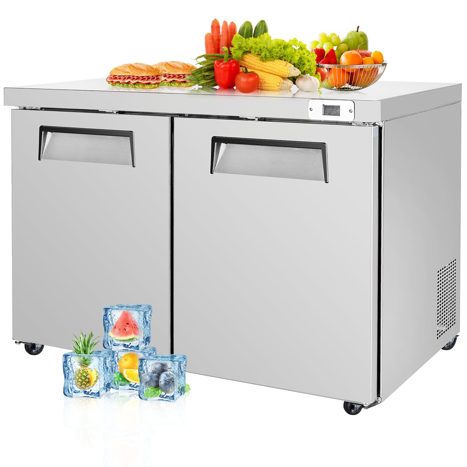 Photo 1 of Bluelinecool 60" W 2 Door Worktop Undercounter Refrigerator with Wheels and lock, 18.5 Cu.Ft Commercial Refrigerator, Stainless Steel, Fan Cooling for Restaurant, Bar, Shop, Diner