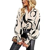 HUXRAKV Long Sleeve Button Down Shirts for Women Dressy Casual Blouses Oversized Floral Tops with Lantern Sleeve