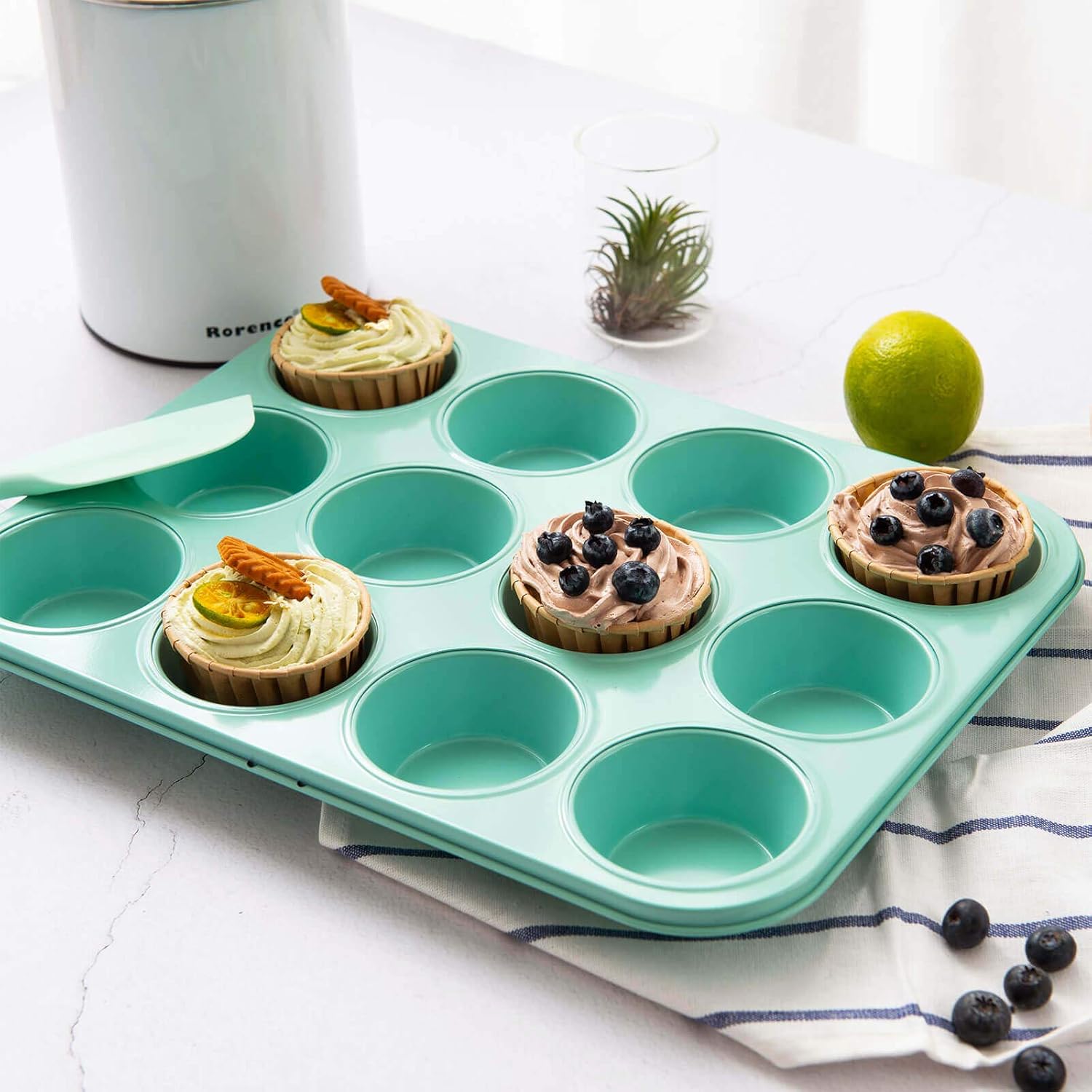 Rorence Bakeware Set Nonstick: Cookie Sheet, Rectangular Cake Pan, 2 Round Cake Pans, Muffin Pan, Loaf Pan & Cooling Rack - Set of 7 - Mint Green: Kitchen & Dining