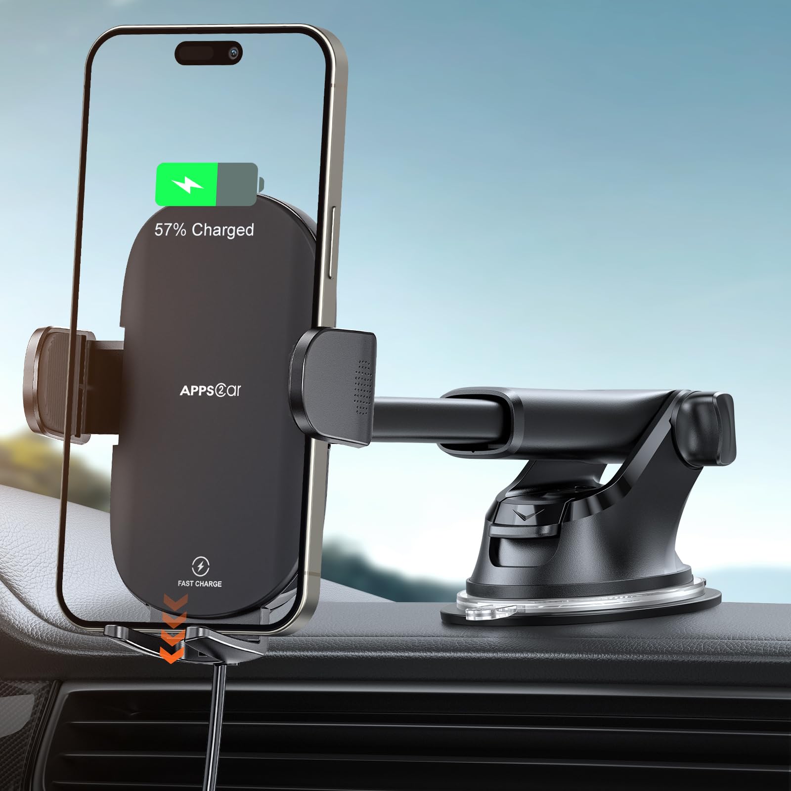 APPS2Car Suction Phone Mount Wireless Car Charger, 15W Dashboard Wireless Charger for Car, Compatible with iPhone, Samsung, LG and More