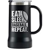 Onebttl Baseball Gifts for Men, Players, Coach, Stainless Steel Beer Stein Tumbler, 24oz Beer Mug with Lid, Black, Eat Sleep Repeat