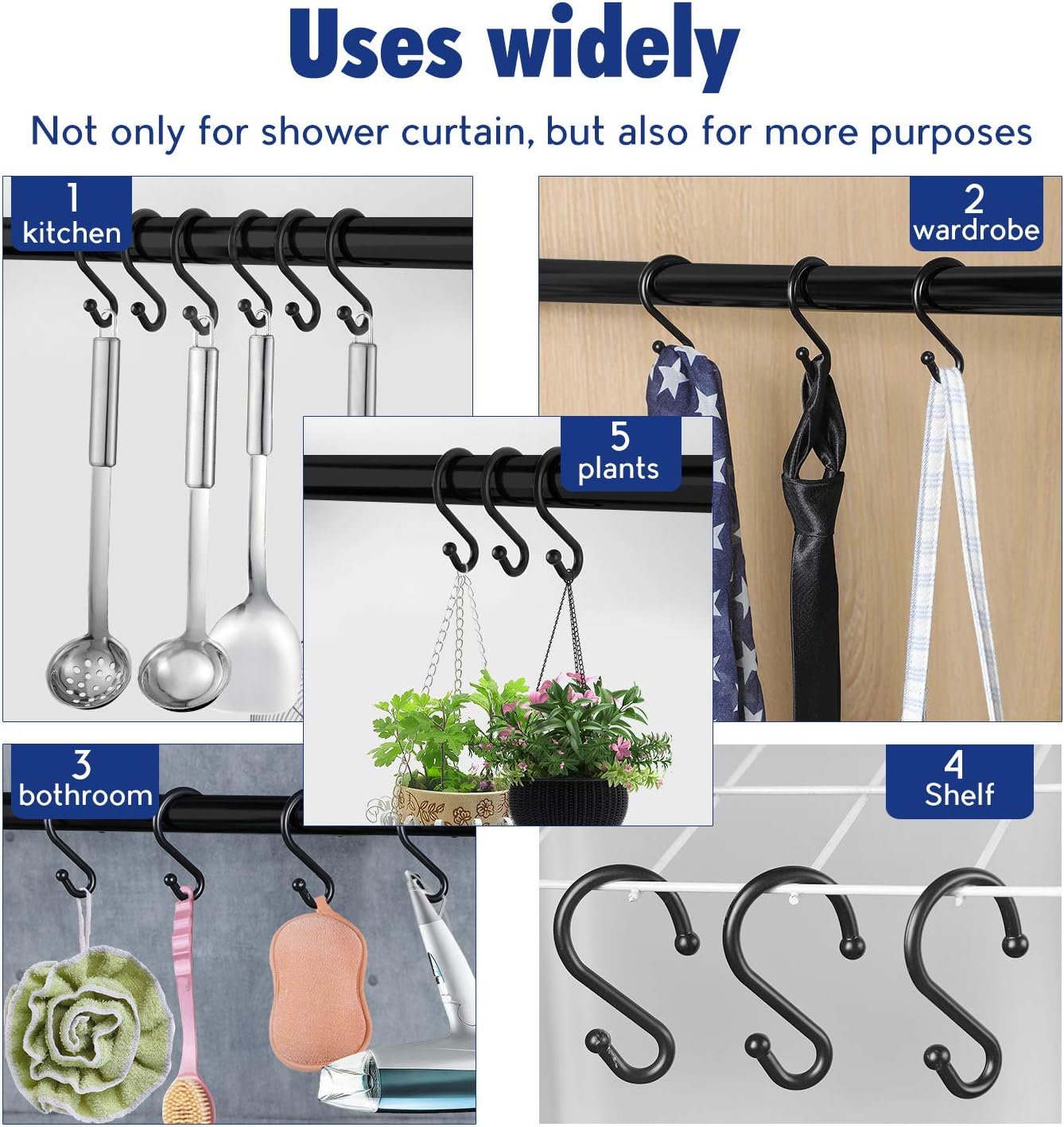 Metal Shower Curtain Hooks，Set of 12 Rings，Rust Resistant S Shaped Hooks Hangers for Shower Curtains, Kitchen Utensils, Clothing, Towels, etc. (Black): Home & Kitchen