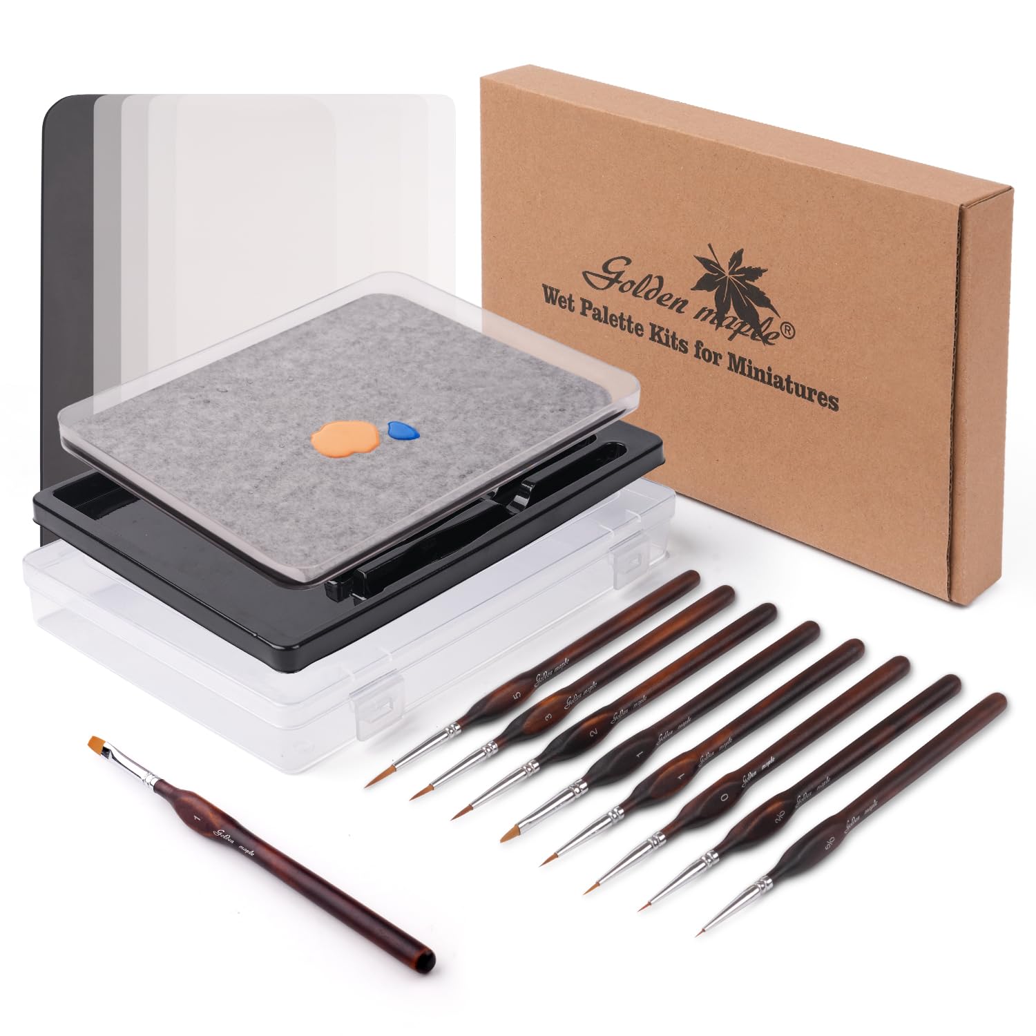 golden maple Nasspalette für Miniaturmalerei – Wet Palette für Acrylmalerei-Set mit 9 Miniatur-Pinseln, 50 Palettenpapieren, 2 Schwämmen, 1 Pinselhalter und 1 Schwamm-Schale