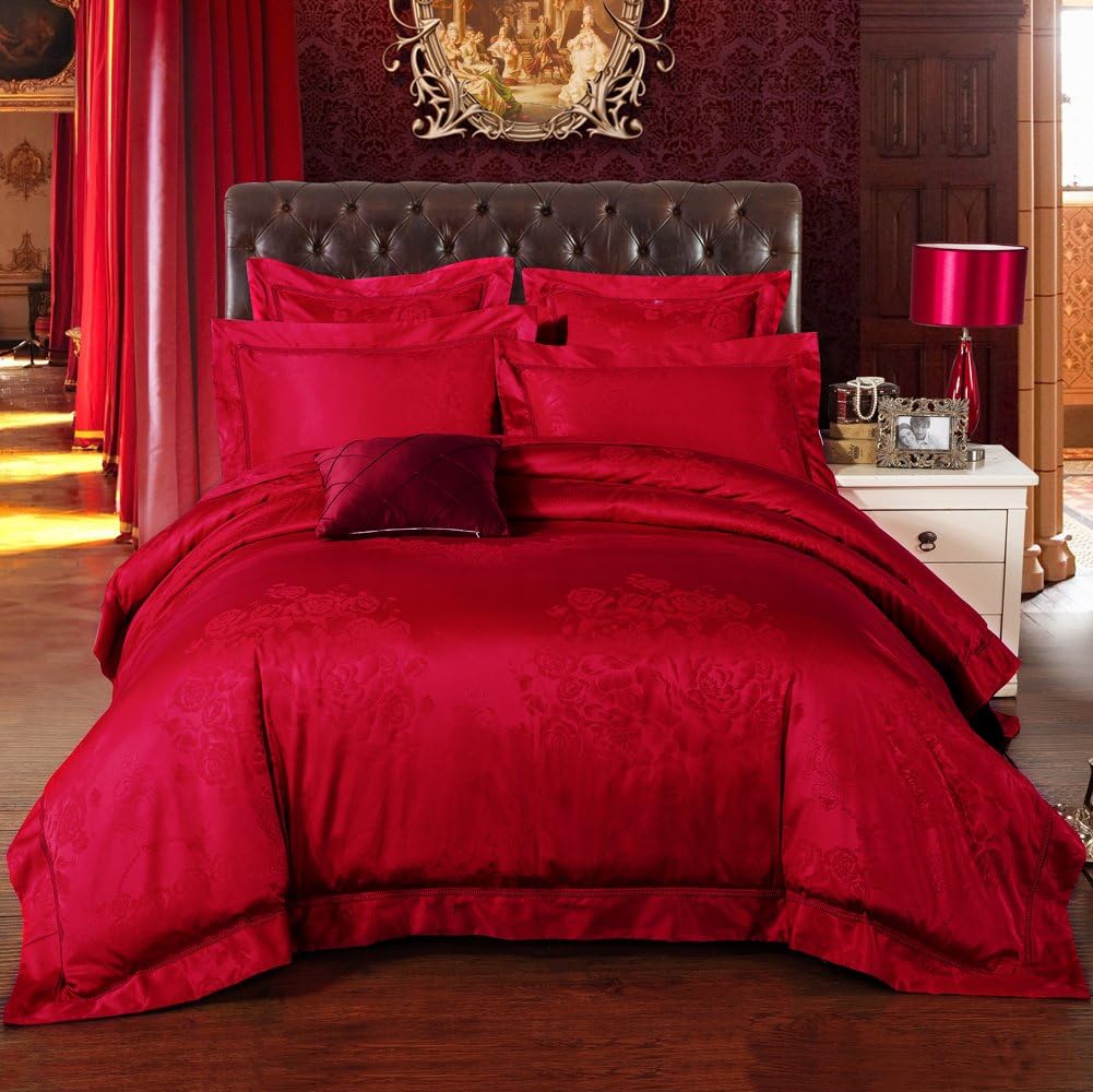 Zange Bedding Red Satin Jacquard Bedding Sets Include 1 Duvet Cover 1 Flat Sheet 2 Pillowcases 4pcs King Size K-RQYR
