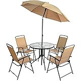 Amazon Basics 6-Piece Sling Folding Patio Dining Set with Glass Table Top and Umbrella - Tan