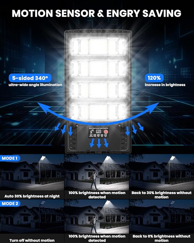 Lampione Solare per Esterno, 6500K Lampada Stradale Solare con Sensore di Movimento, Telecomando, Impermeabili 320° Illuminazione Faretto Solari con Pannello per Giardino, Strada (2 Pezzi)