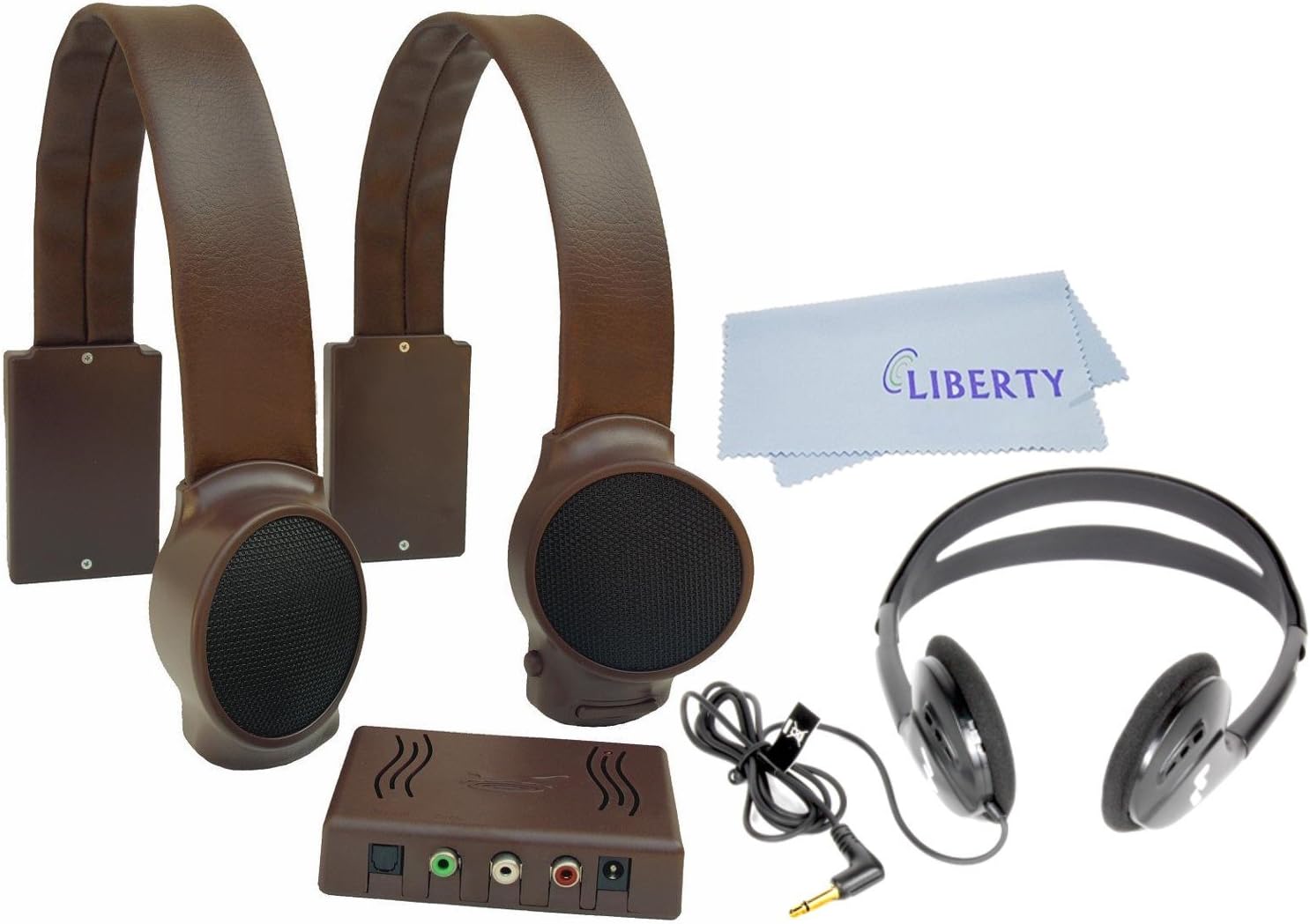 Audio Fox Wireless TV Speakers Value Bundle with Stereo Headphones and Liberty Cleaning Cloth (Brown)