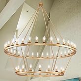 JKLX 60 Inch Gold Extra Large Wagon Wheel Chandelier, 2 Tier 54-Lights Farmhouse Industrial Round High Ceiling Pendant Light 
