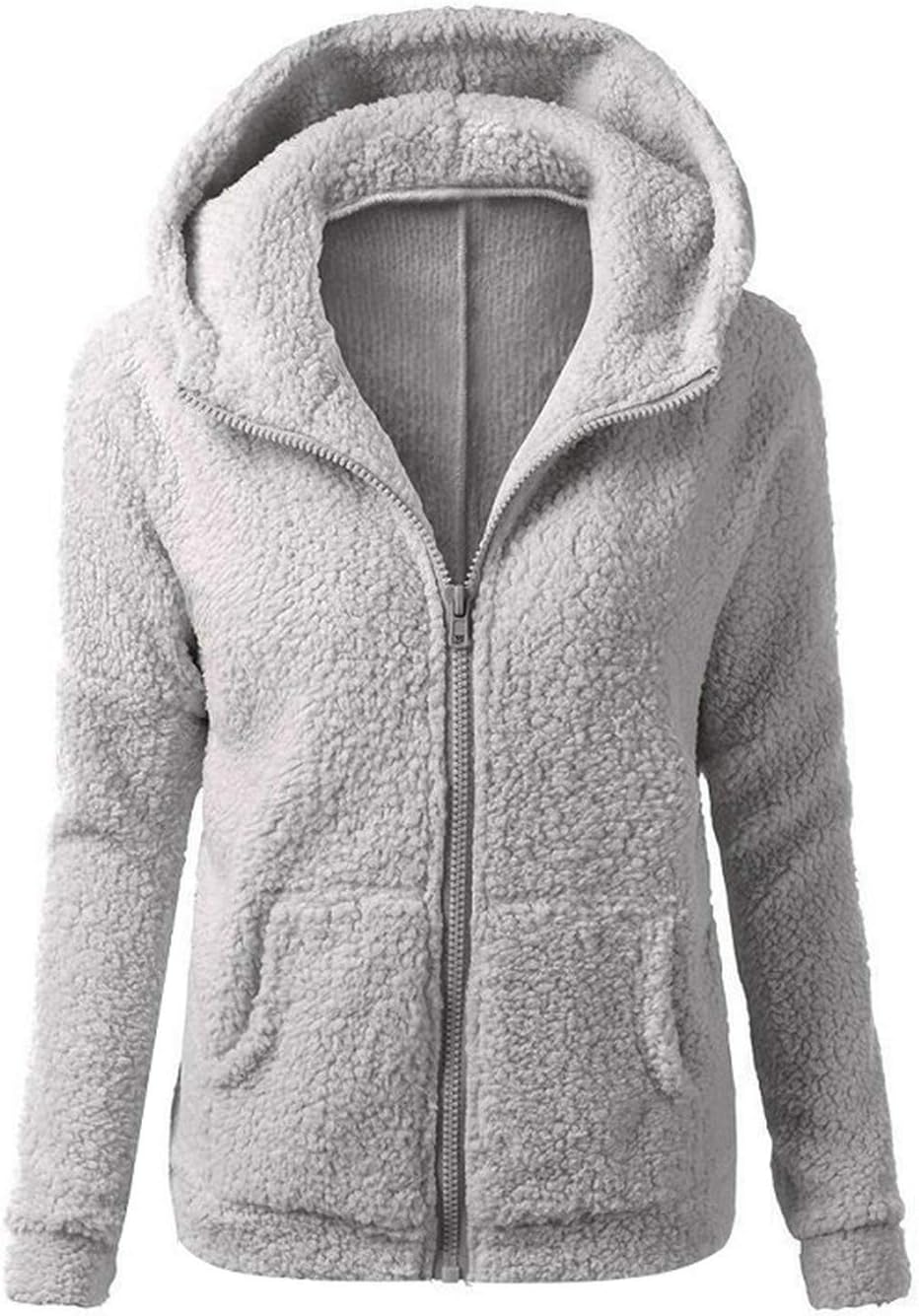 White Island Women Solid Color Thicken Soft Fleece Warm Hooded Zipper OverFashion Casual Outwear Coat,Gray,5XL
