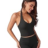 VOYJOY Women Halter Crop Top Padded V Neck Backless Sleeveless Workout Halter Tank Tops Going Out Yoga Gym Clothes