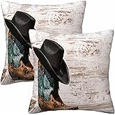Orythyra Western Cowboy Embroidered Boots Hat 18x18 Throw Pillow Covers Set of 2 American West Rodeo ATOP Fashion Leather Cushion Pillow Cases Square Outdoor Decorative Home Bed Sofa Couch Office