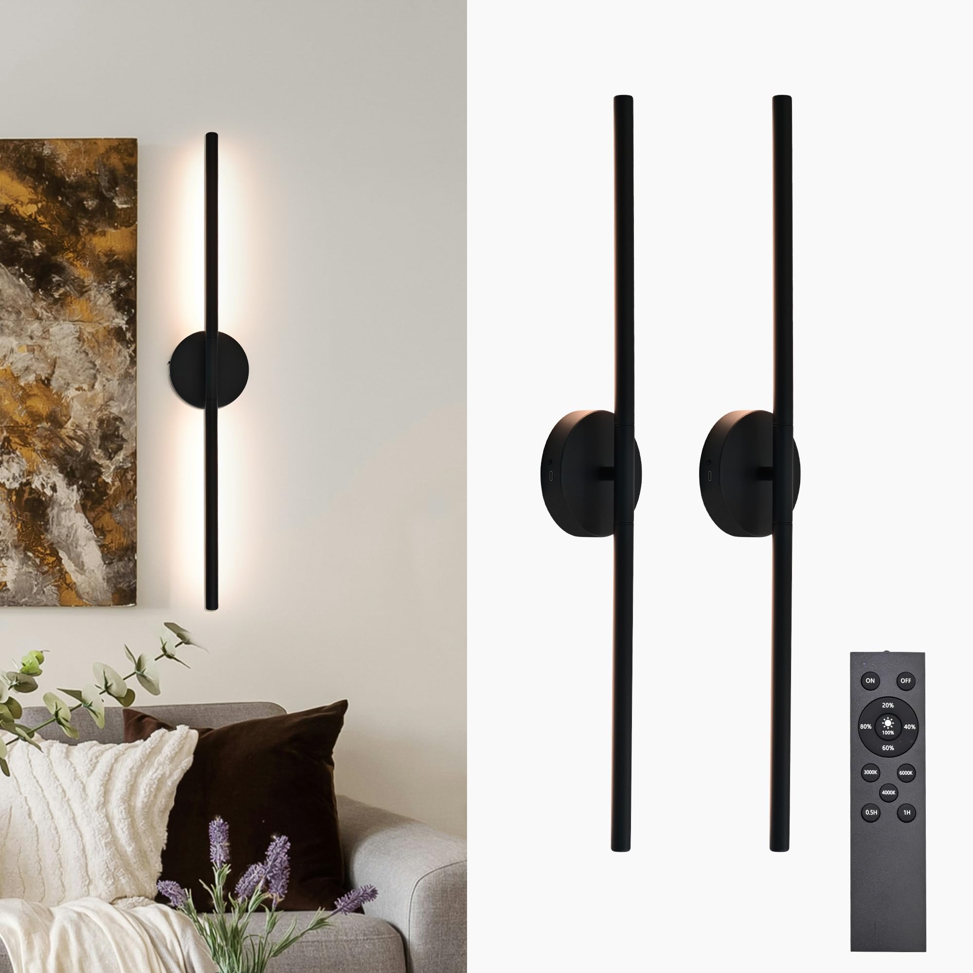 Photo 1 of ***PHOTO REFERENCE***38°GARDEN Black Battery Operated Wall Sconces Set of 2 360° Rotate Dimmable LED Wall Lamps 19.6 Inch Wireless Rechargeable Wall Lights with Remote Control
