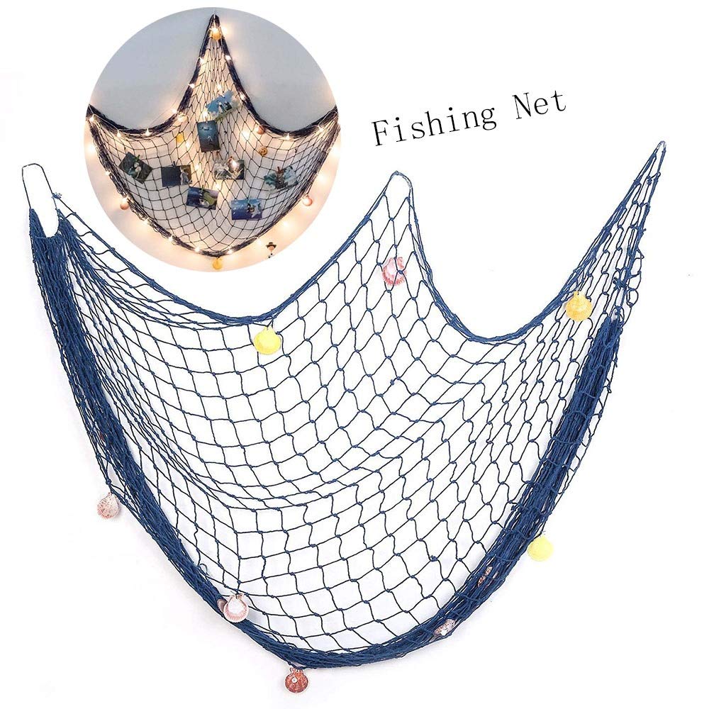 Hydfu Fishing Net Nautical Decorative Fishing Net Photo Wall Decorative Fishing Net Sea Shells Home Wedding Decoration Cotton Fishnet Mediterranean Style Themed Party (Color : Blue, Size : 2m × 4 m)