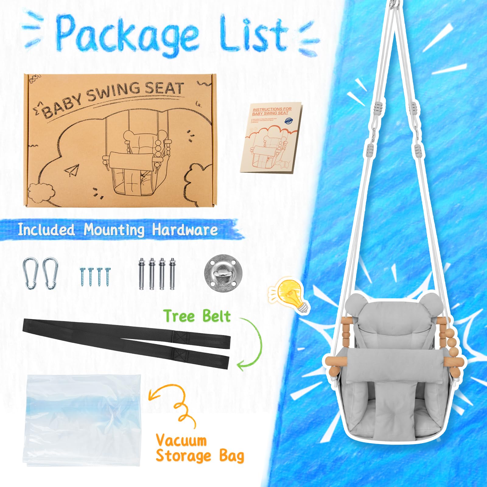 Baby Swing Indoor Outdoor,Secure Canvas Wooden Toddler Swing Seat, 3-Point Adjustable Safety Harness,Mounting Hardware Included,Gift for Boys and Girls, Grey