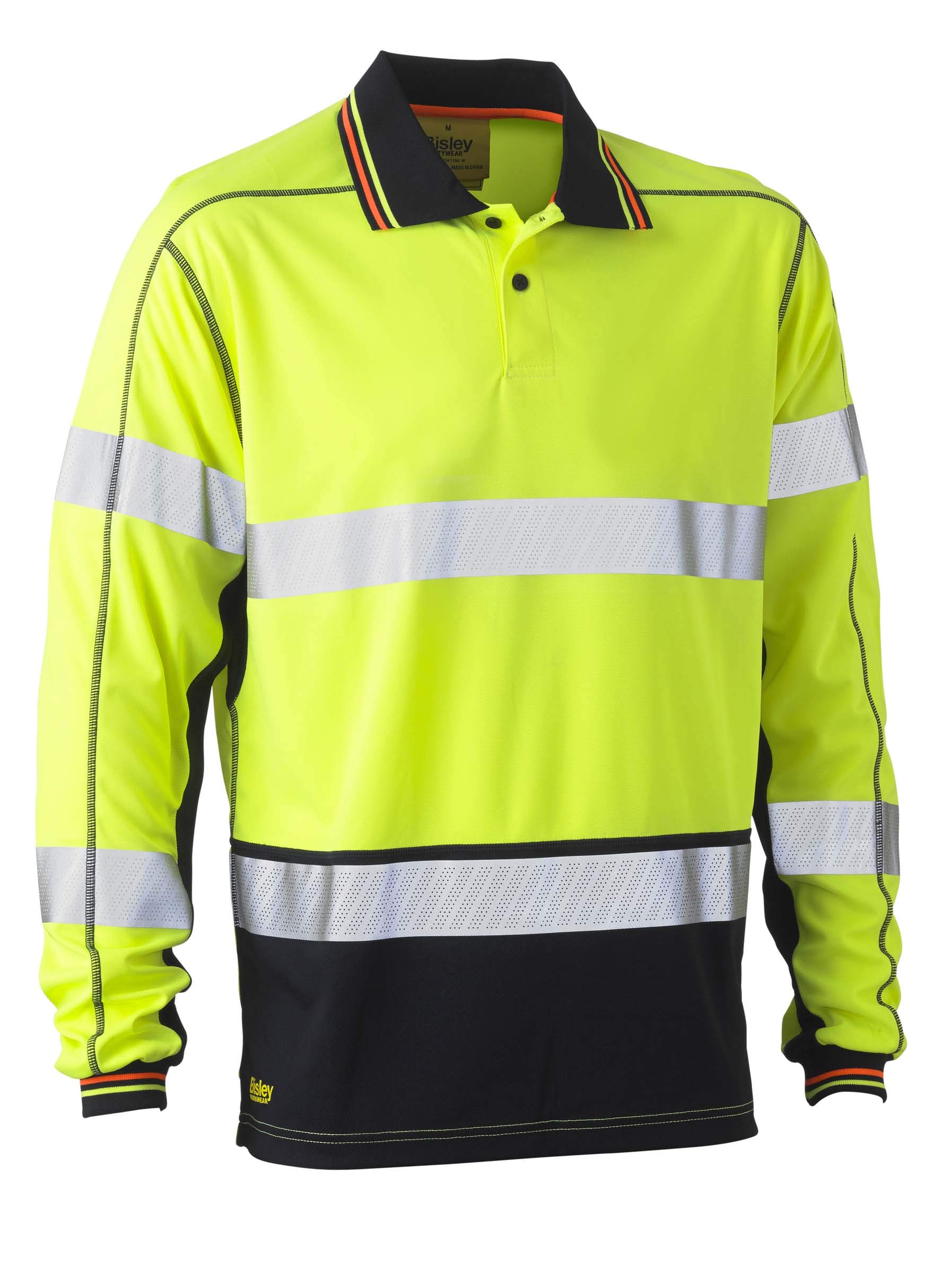 Bisley UKK6219T_TT04 Taped 2 Tone Hi-Vis Mesh Polo Shirt Long Sleeve - Yellow/Navy, Small