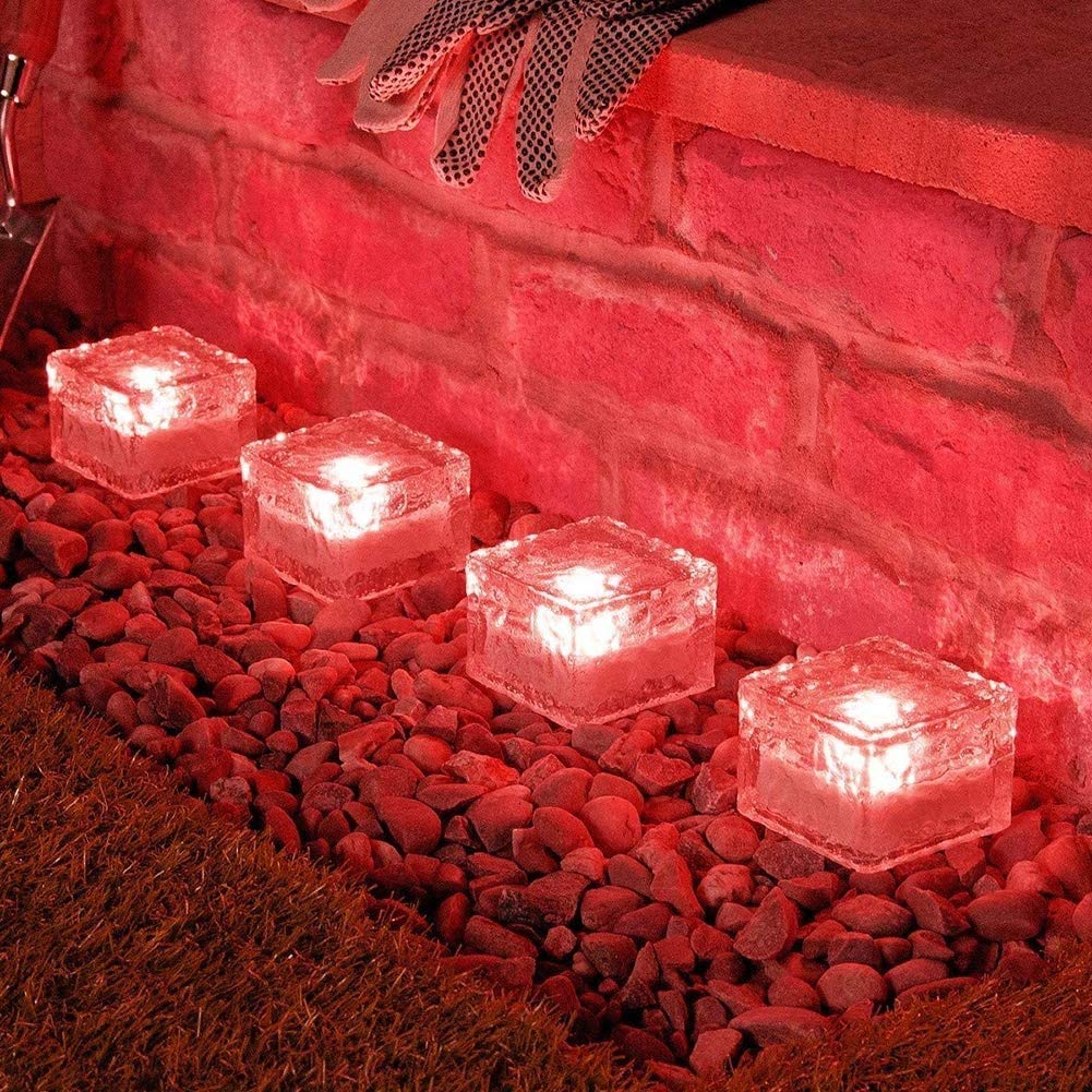 YOLIGHT Solar Glass Brick Light,Ice Cube Lights LED Landscape Light Buried Light Square Cube Frosted Glass Light for Christmas Outdoor Path Road Yard Desk (Red Light, 2Pack)
