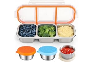 Zynaxir 3 Compartment Snackle Box Stainless Steel Snack Containers with 3 pcs Sauce Cups with Lids for Kids, Adults, Home, Pi