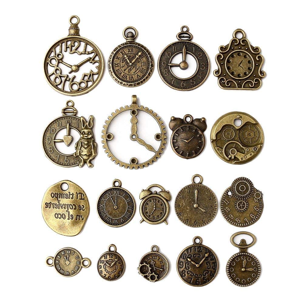 18 Pcs/set Clock Pendant Charms, Multicolored Mixed Antique Bronze Watch Gear Cog Wheel Charms Steampunk Clock Pendant DIY Jewelry Making Accessories