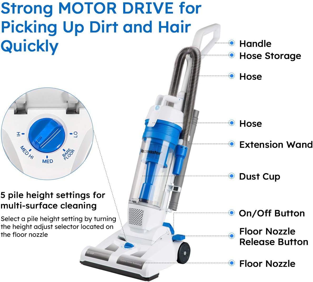 Vacmaster Upright Vacuum Cleaner Power Suction Bagless Vacuum Cleaner Portable Floor Cleaner with 20ft Cord & 13” Cleaning Path for Carpet, Hard Floor and Pet Hair -