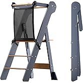 COSYLAND Foldable Toddler Kitchen Stool Helper - Height Adjustable Standing Tower for Bathroom Sink or Kitchen Counter - Step Stool for Toddlers Ages 18 Months to 6 Years Gray & Natural