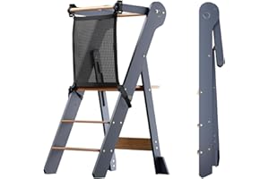 COSYLAND Foldable Toddler Kitchen Stool Helper - Height Adjustable Standing Tower for Bathroom Sink or Kitchen Counter - Step Stool for Toddlers Ages 18 Months to 6 Years Gray & Natural