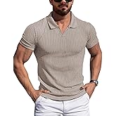 YTD Men's Muscle V Neck Polo Shirts Slim Fit Solid Short Sleeve Golf T-Shirts Ribbed Knit Soft Tees