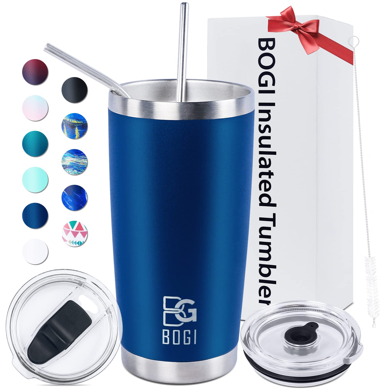 BOGI Tumbler, 20 oz Insulated Tumbler with Straw and Lids,Leakproof Coffee Cup Travel Mug,Double Wall Vacuum Stainless Steel Tumbler Durable Thermal Cup Keep Cold and Hot Drinks Ideal Gifts | Nblue