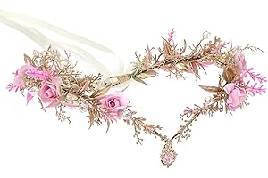 MOSTORY Pink Flower Fairy Crown - Elf Floral Headpiece Woodland Circlet for Fairycore Aesthetic Women, Elven Forest Headband for Renaissance Renfaire Cosplay Photo Shoot