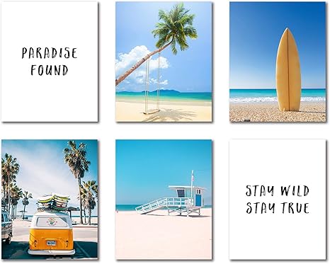 Amazon Com Summer California Beach Palm Photo Coastal Wall Art Prints Set Of 6 8x10 Canvas Picture Blue Sky White Cloud Inspirational Quotes Art Painting Living Room Bedroom Posters Office Home Decor No