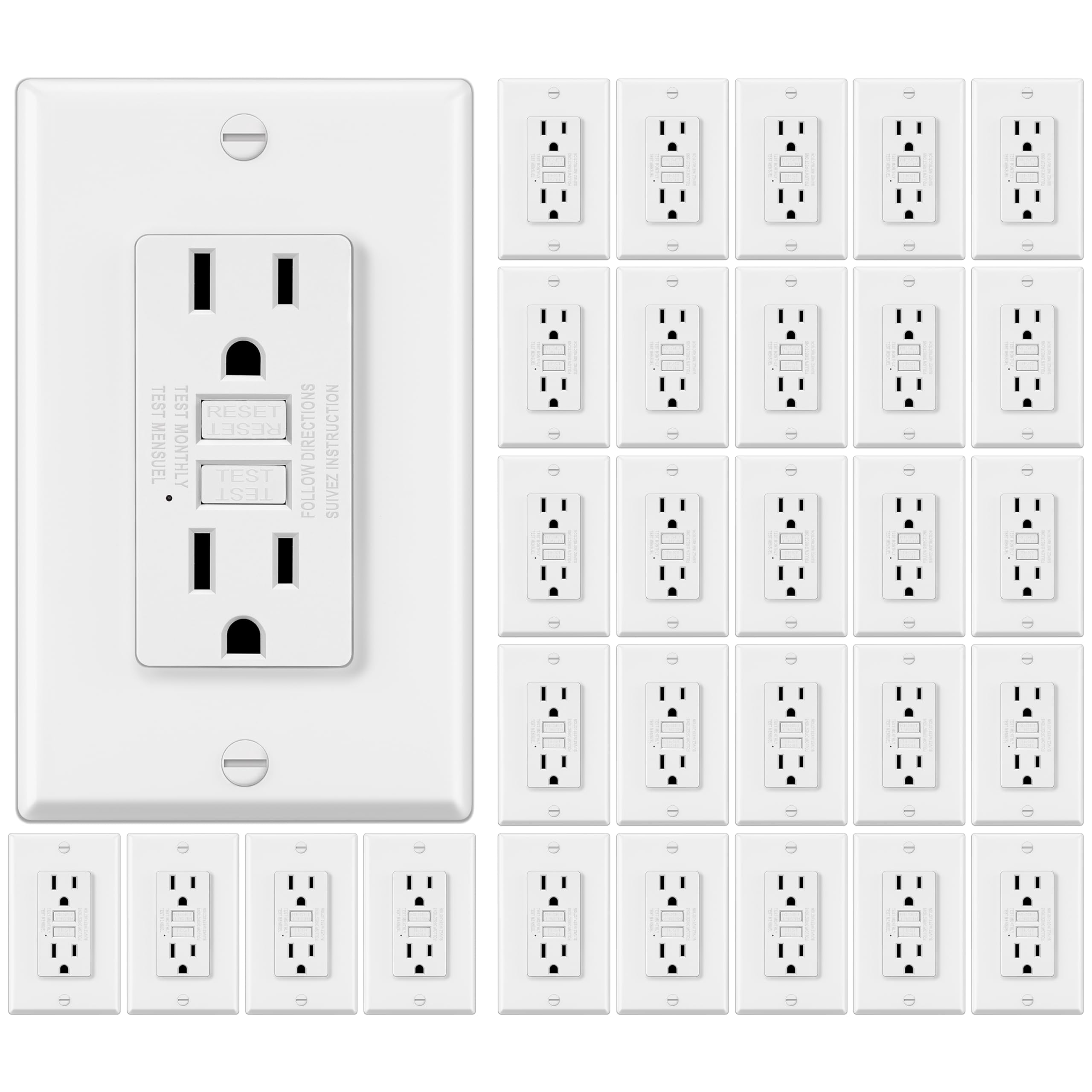 Photo 1 of ELECTECK 30 Pack GFCI Outlets 15 Amp, Non-Tamper Resistant, Decor GFI Receptacles with LED Indicator, Ground Fault Circuit Interrupter, Wallplate Included, ETL Listed, White