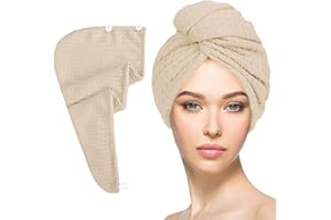 MAOPAOBEAUTY Microfiber Hair Drying Towel with Button 1Pack Khaki Waffle Long Hair Head Wraps Twist Plopping Curly Shower Turban Terry Cloth Fast Absorbent Dry Anti Frizz Hair Wraps for Women Wet Hair