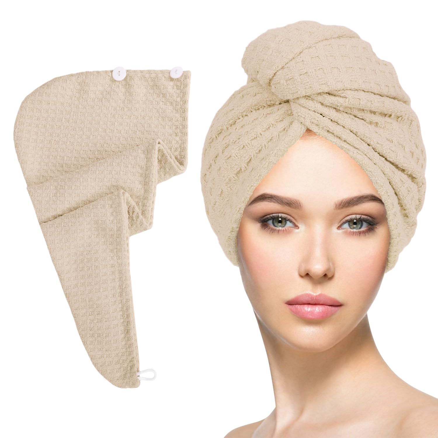 Photo 1 of Microfiber Hair Drying Towel with Button 1Pack Khaki Waffle Long Hair Head Wraps Twist Plopping Curly Shower Turban Terry Cloth Fast Absorbent Dry Anti Frizz Hair Wraps for Women Wet Hair