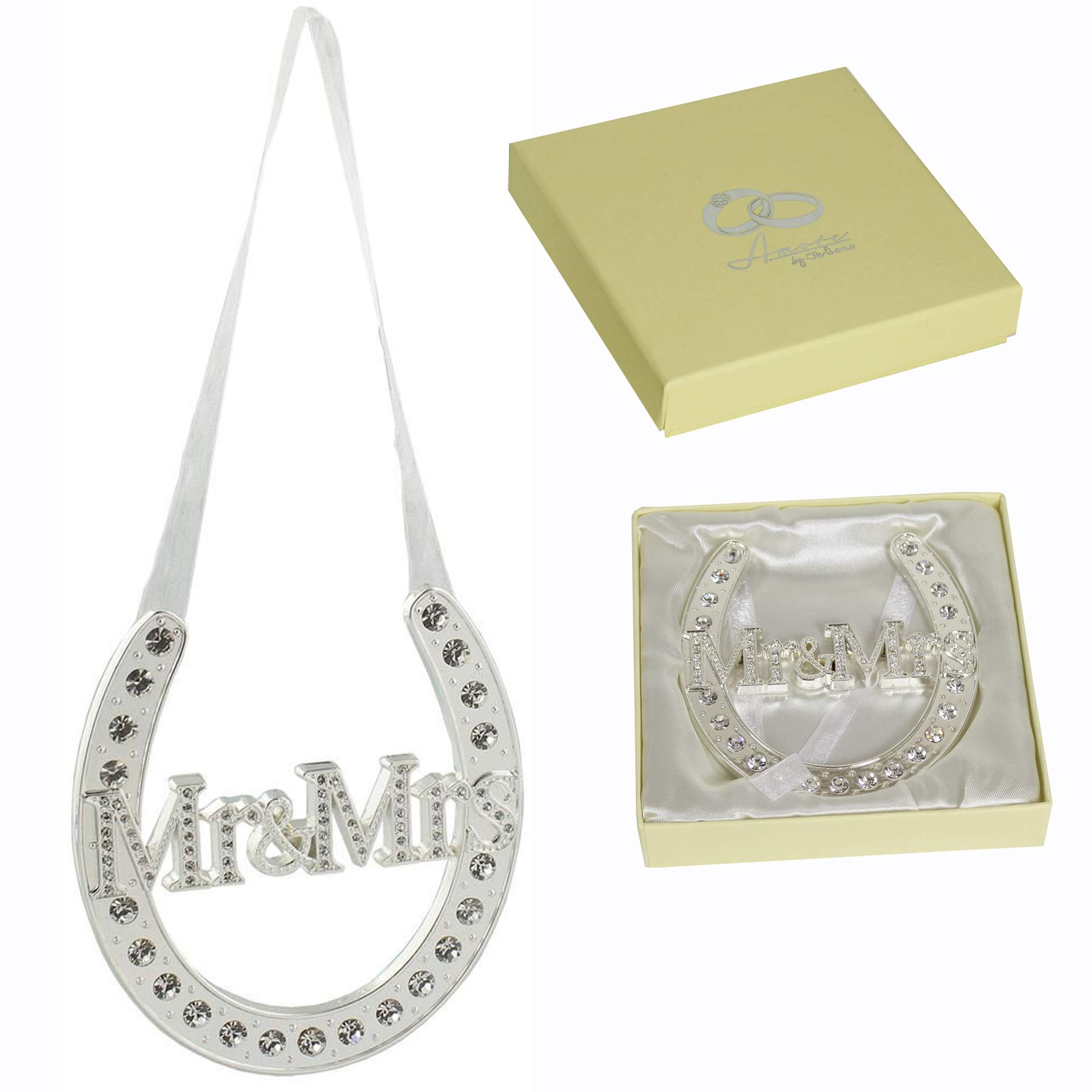 Wedding Day Gift Silver Plated Diamante Horseshoe - Mr & Mrs 3094