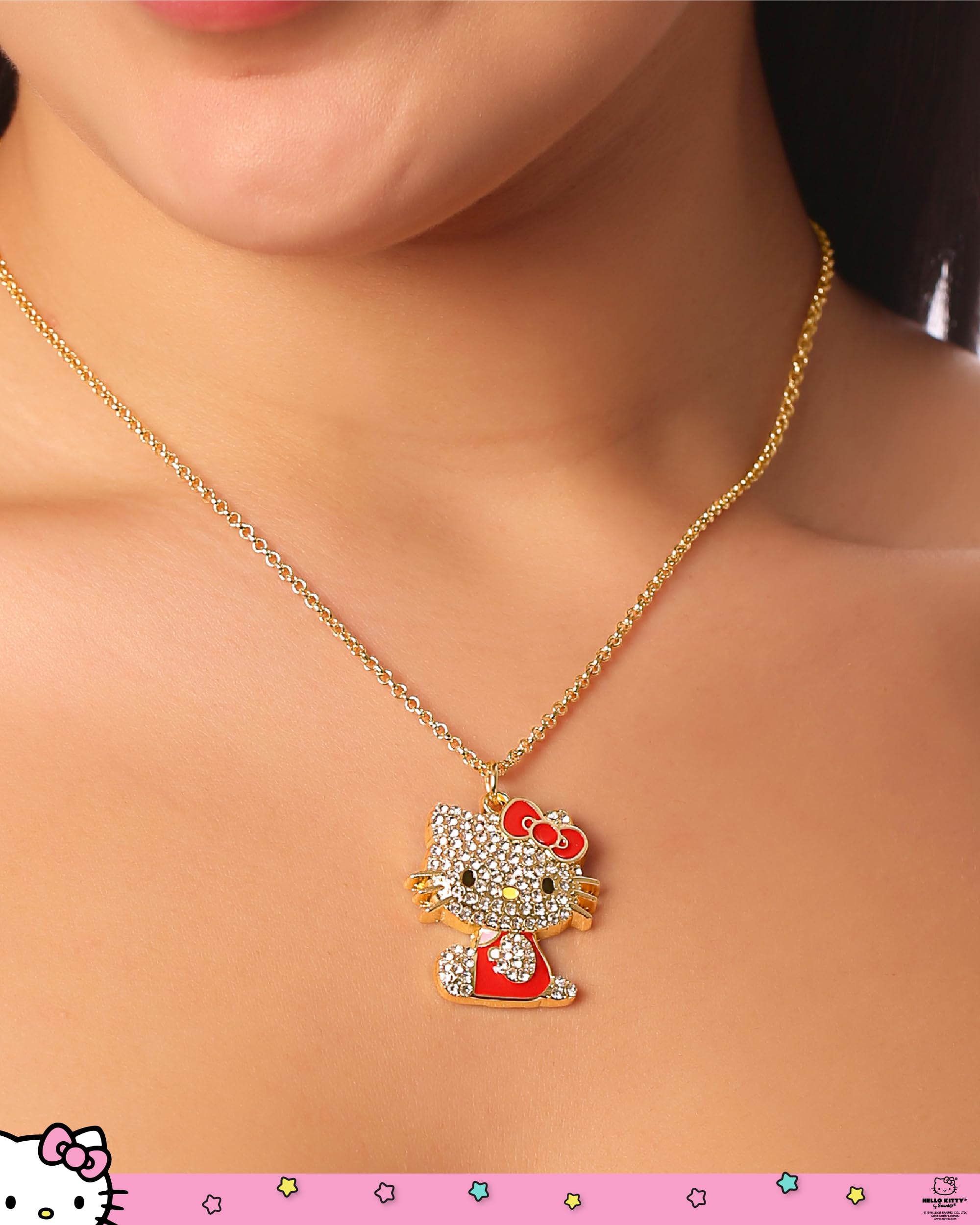 SALLY ROSE Hello Kitty Red Enamel and Pave Crystal Pendant Necklace Official License, Gold-Tone 16+3 Hello Kitty Necklace, Sanrio Gifts
