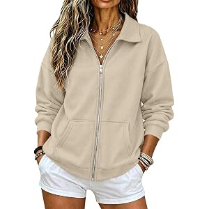 dyiozbga Full Zip Up Sweatshirt Women No Hood - Oversized Loose Casual Long Sleeve Collared Jacket 2026 Fall Winter Clothes