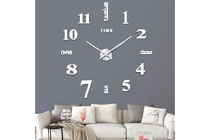 VREAONE Frameless DIY Wall Clock,Large Modern 3D Mirror Wall Clock Decor Sticker Clock kit for Home Living Room Bedroom Office Wall Decorations(Silver)