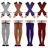 Ibeauti 8 Pcs Womens Striped Knee High Socks Stockings Y2K Goth Knitted Long Arm Warmer Fingerless Gloves Set