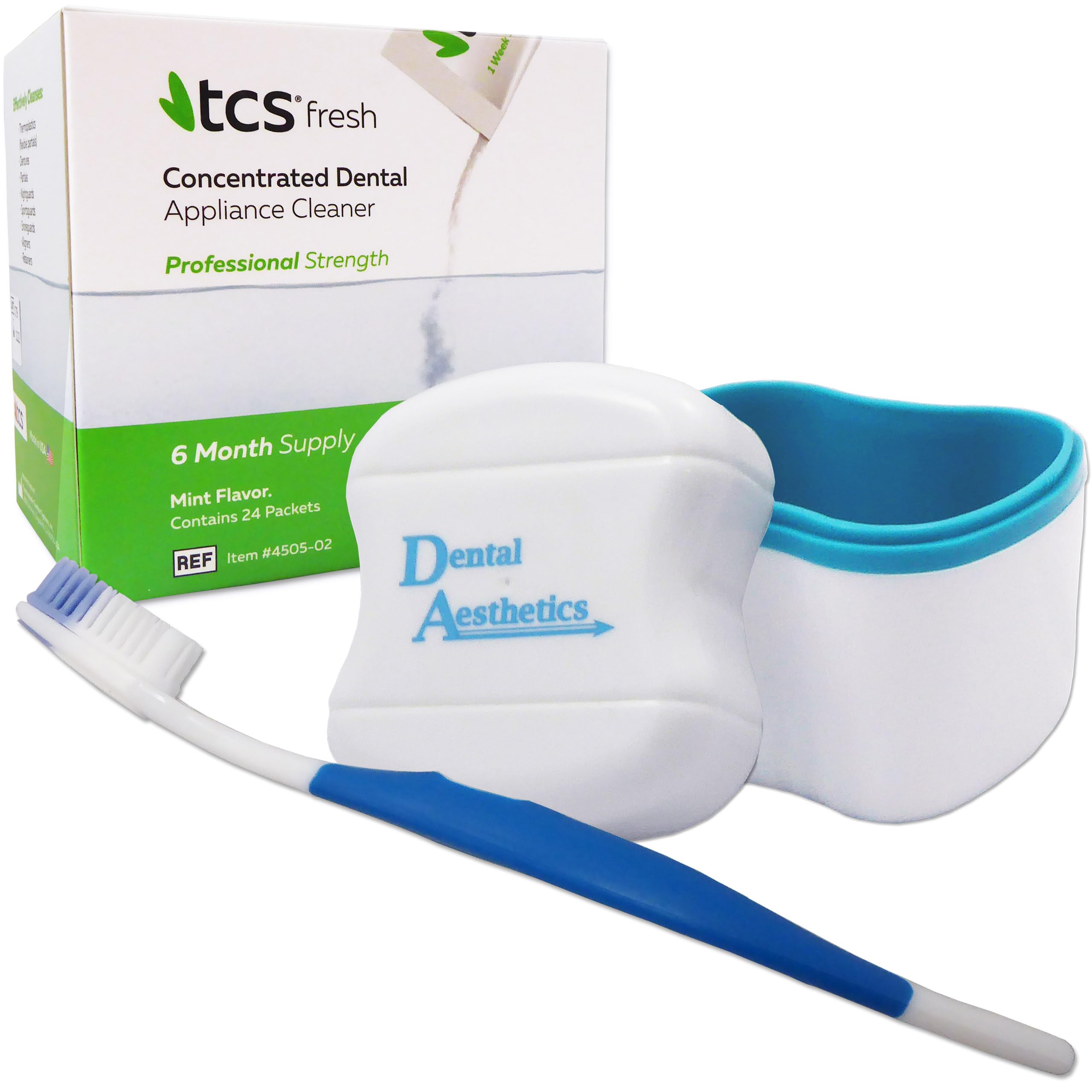 TCS, Bath & Silicone Brush ~ 24 Weekly Sachets Concentrated Cleaner for Flexible Dentures, Retainers and Dental Appliances (Blue Brush)