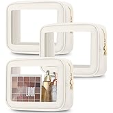 Abbylike 3 Pcs Clear Makeup Bags Car Cosmetic Bag with Zipper Nylon PVC Travel Toiletry Pouches Sets for Women New Years Gifts, Valentine's Day Wedding Gift for Her(Cream White)