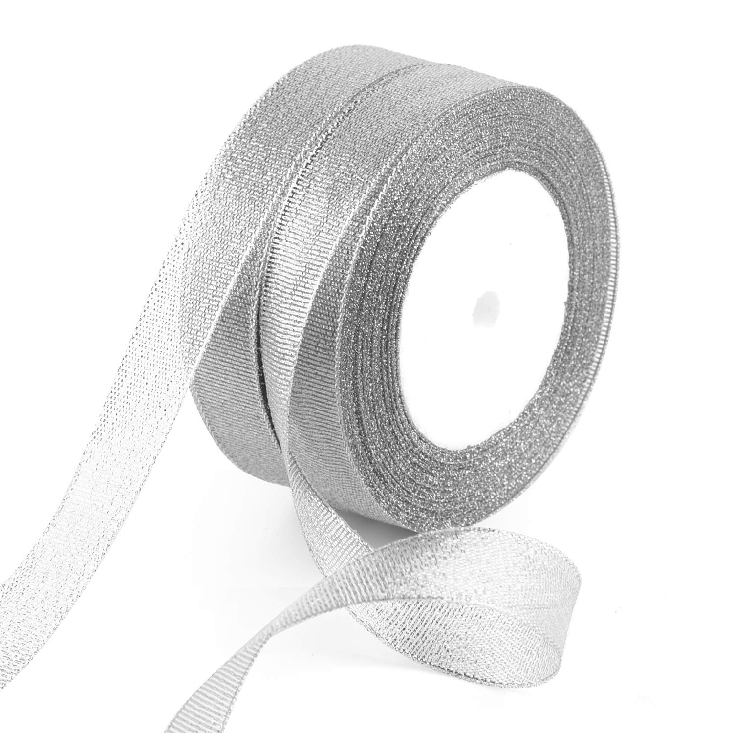 FEPITO 2 Pack 25 Yard 20mm Wide Glitter Silver Ribbon Christmas Ribbon for Gift Wrapping Christmas Ribbons for Crafts Organza Ribbon for Christmas Tree(2 Pcs Silver)