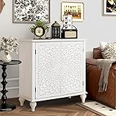 MFSTUDIO Wood Accent Storage Cabinet with 2 Doors, Mid-Century White Carved Vintage Cabinets Decorative Entryway Cabinet for 