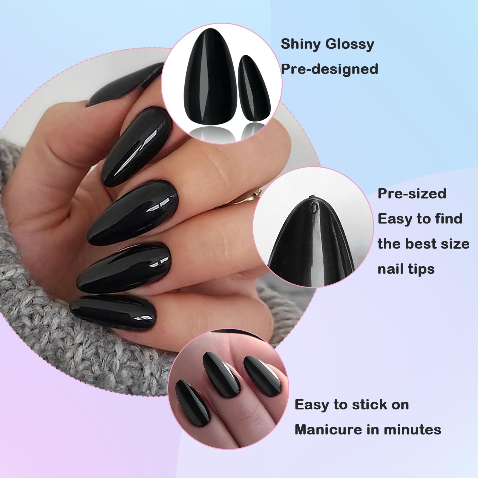 LoveOurHome 240pc Almond Press on Nails Medium Black Fake Nail Tips Full Cover Glue Almond Acrylic Nails Press ons Nail Short Stiletto False Artificial Fingernail & Glue Adhesive Tabs for Women Girls - Image 3
