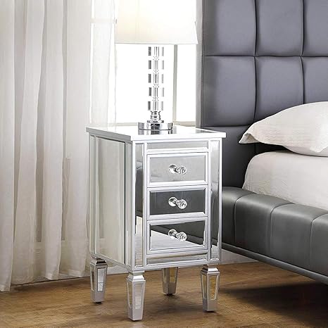 Silver 3 Drawer Mirrored Bedside Table Chest Cabinet Storage