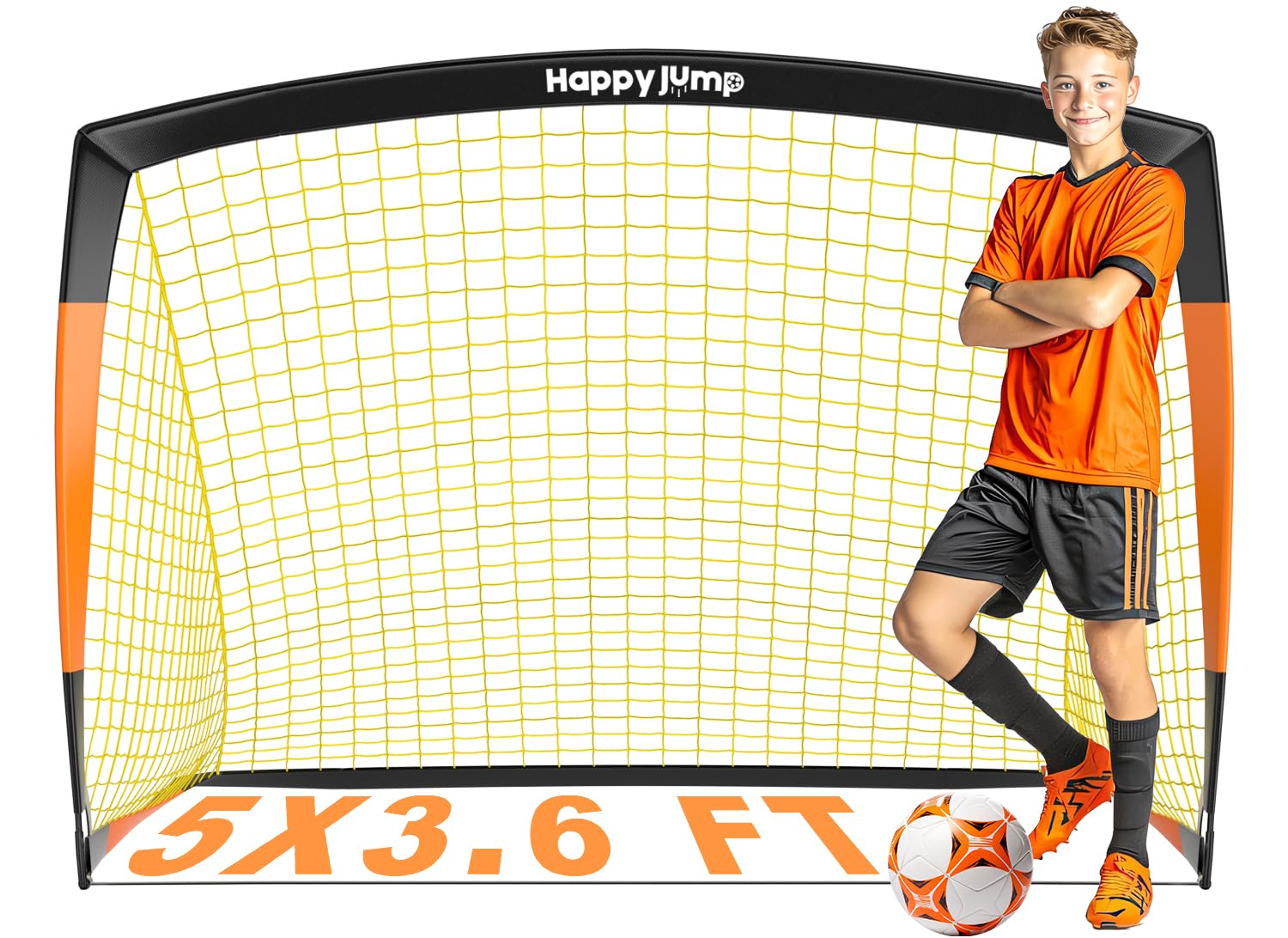 Happy Jump Upgraded Pop Up Football Goals | Portable Football Nets – 5x3.6FT Black-Orange Single Pack for Garden & Outdoor Training