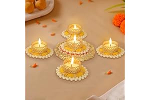 TIED RIBBONS 5 pcs Handmade Tea Light Candle Holder for Pooja | Tealight Candle Holder for Diwali, Mandir, Temple | Indian Return Gifts for Housewarming | Diwali Decorations for Home, Diwali Gifts